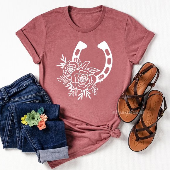 Horseshoe Floral Equestrian Horse Riding Unisex Graphic Tshirt.